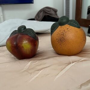 Vintage Ceramic Chalkware Apple & Orange Statue, Handpainted